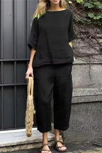 Half Sleeves Casual Pullover Top Wide Leg Pants Set