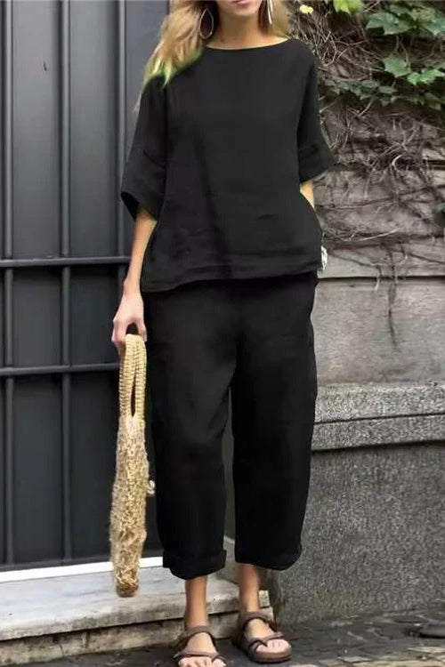 Half Sleeves Casual Pullover Top Wide Leg Pants Set