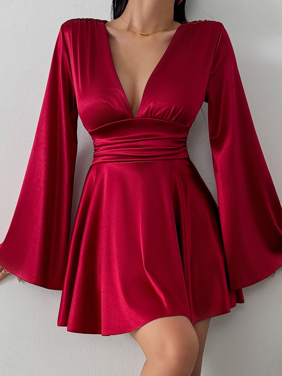 V-neck Long Sleeve Flared Sleeves Mini&Short Dresses
