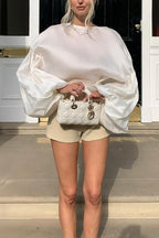Stylish Boat Neck Puff Sleeves Satin Top