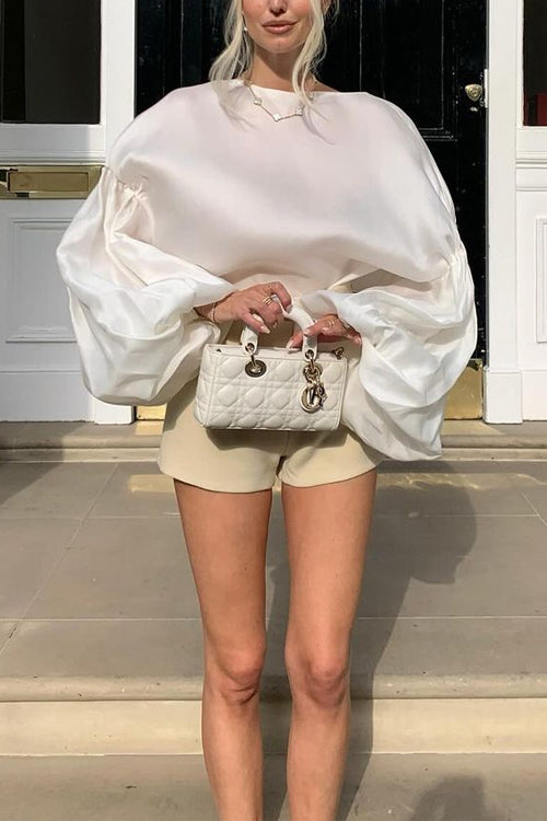 Stylish Boat Neck Puff Sleeves Satin Top