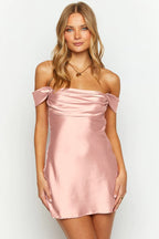 Strapless Off Shoulder Ruffled Satin Bodycon Mini Dress