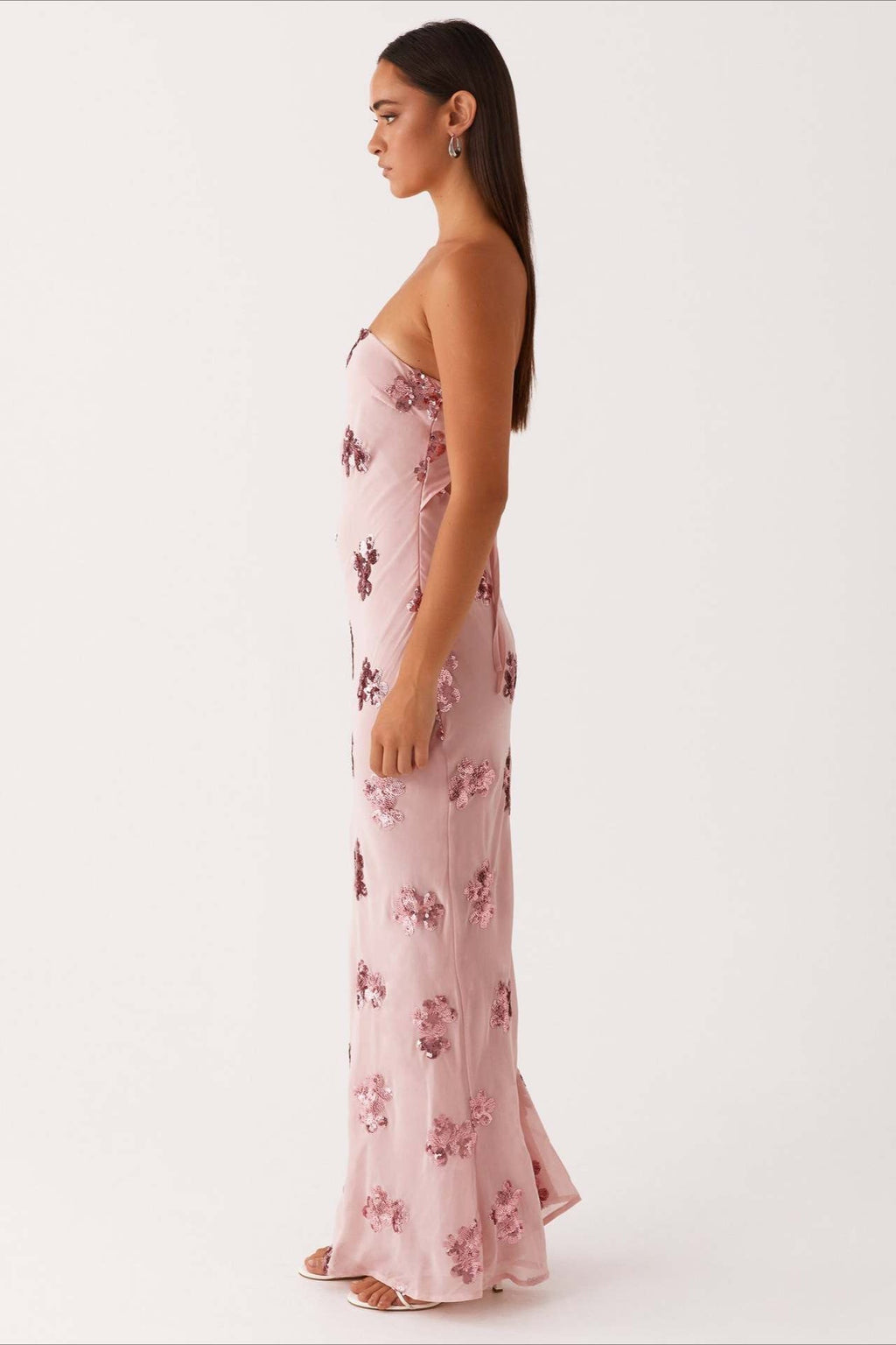 Pink Strapless Sequin Floral Embroidery Column Maxi Dress