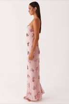 Pink Strapless Sequin Floral Embroidery Column Maxi Dress
