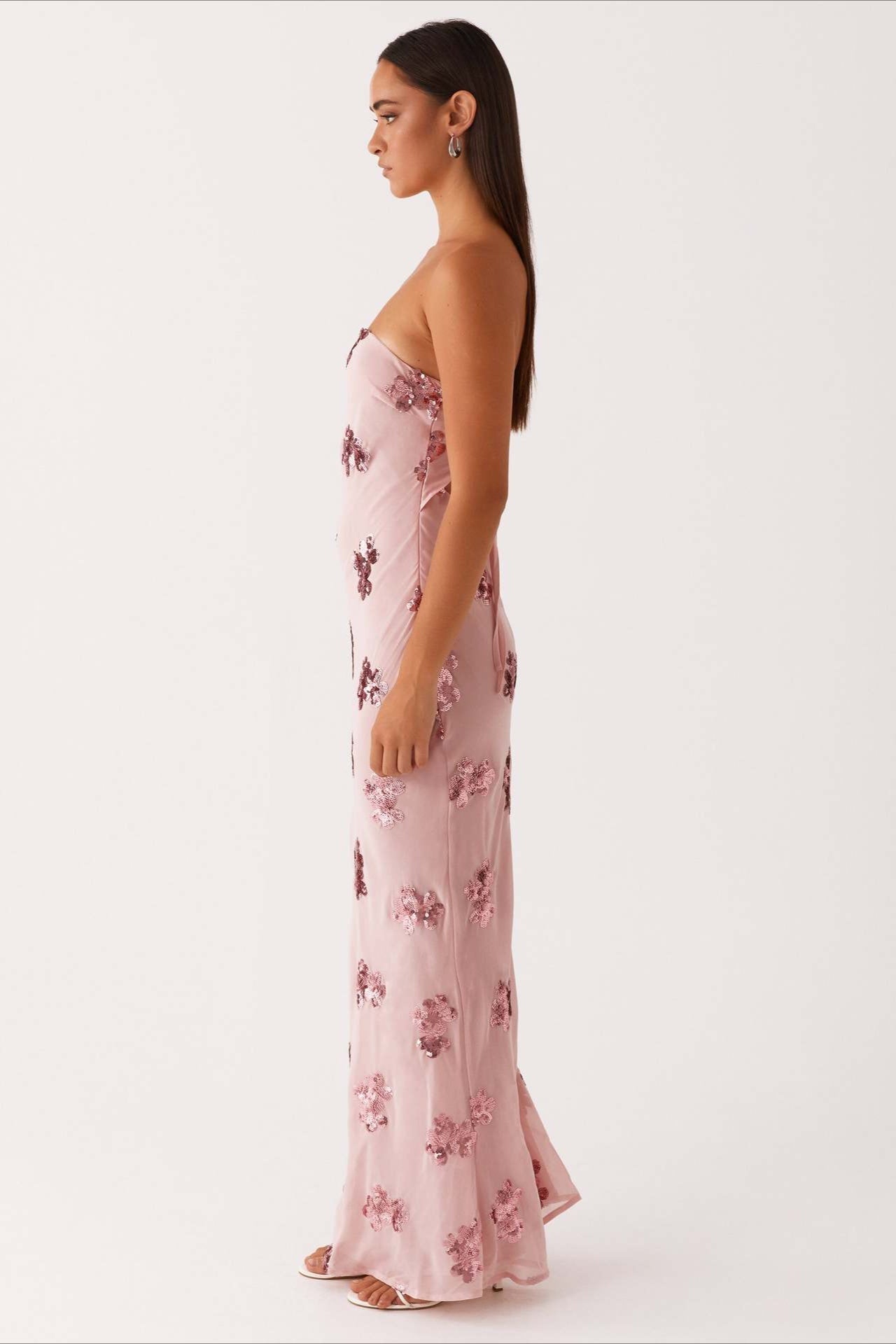 Pink Strapless Sequin Floral Embroidery Column Maxi Dress