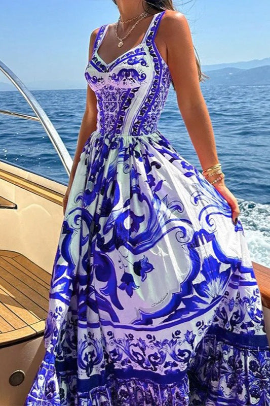 Wide Strap Sweetheart Baroque Print Tiered Ruffle Maxi Dress