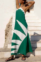 Stylish Color-blocked Print Halter Neck Backless Casual Vacation Maxi Dress