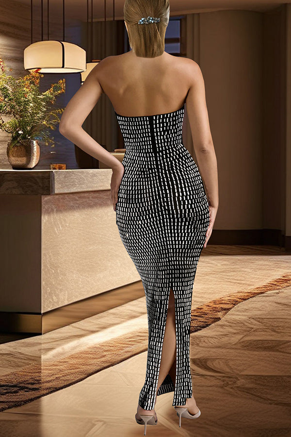 Strapless Mirror Tile Embellished Illusion Mesh Bodycon Maxi Dress