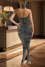 Strapless Mirror Tile Embellished Illusion Mesh Bodycon Maxi Dress