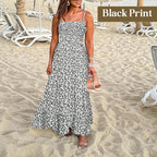 Floral Print Smocked Bodice Spaghetti Strap Tiered Maxi Dress