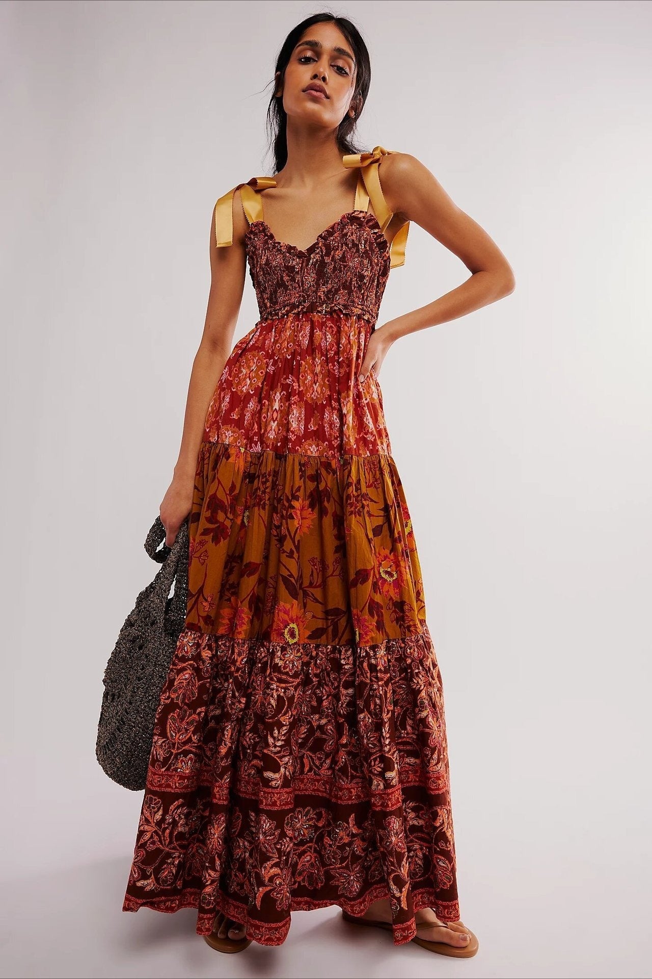 Smocked V Neck Bow Shoulder Strap Mixed Floral Tiered Maxi Dress