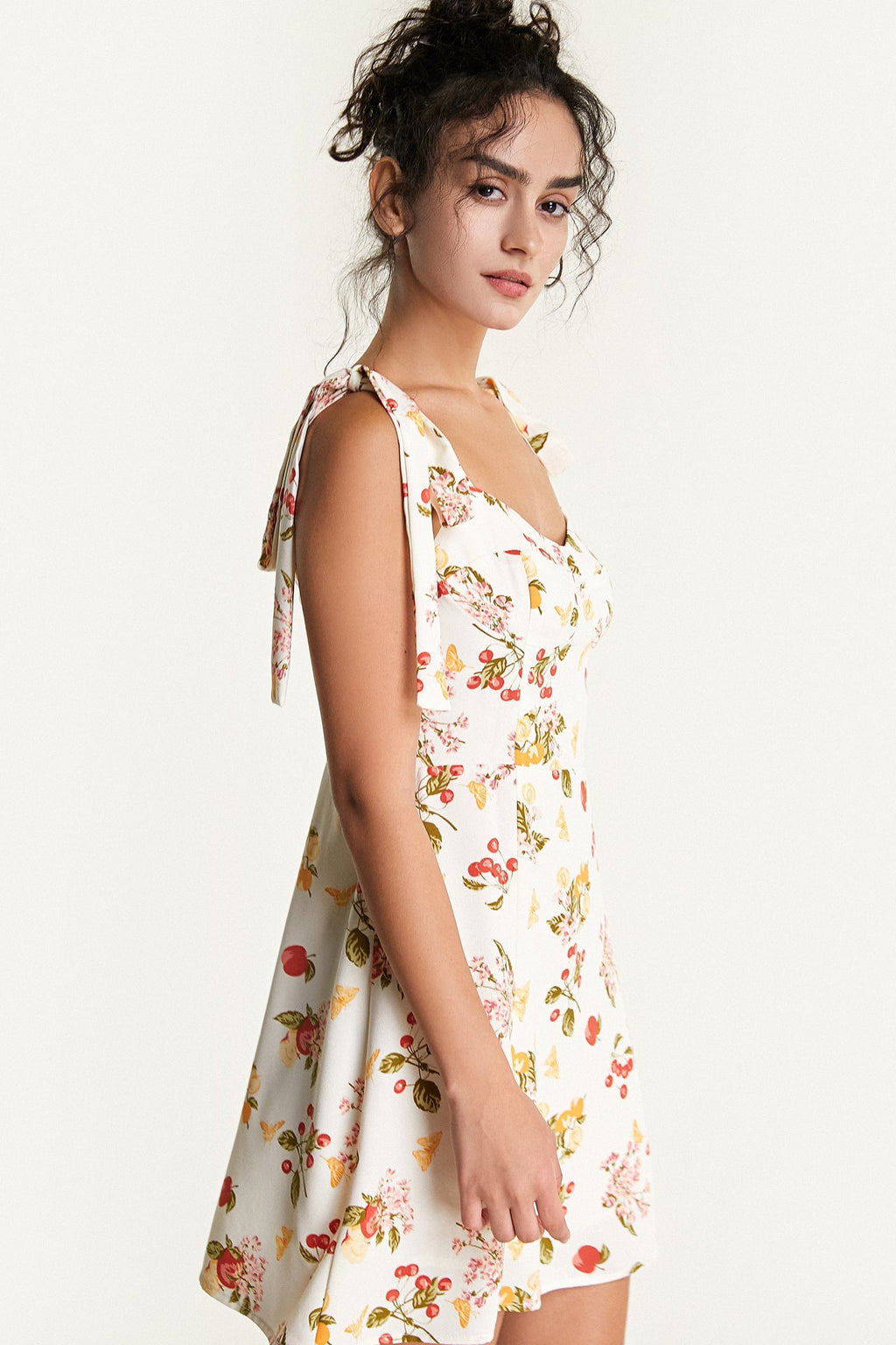 Fruit Print Tie Shoulder Bustier Fit and Flare Mini Dress