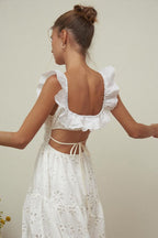 Eyelet Floral Lace Ruffled Square Neck Smocked Waist Tiered High Split Maxi Dress