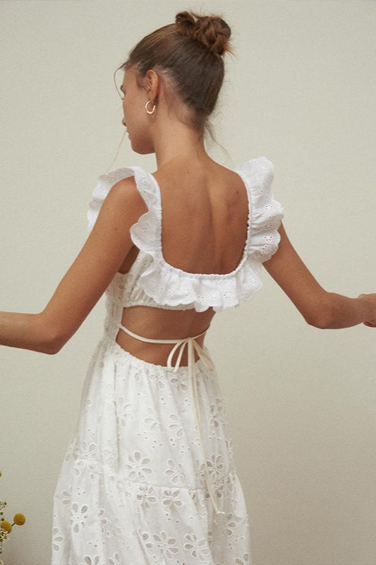 Eyelet Floral Lace Ruffled Square Neck Smocked Waist Tiered High Split Maxi Dress