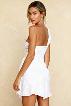 Linen One Shoulder Ruched Sash Tie Wrap Mini Dress