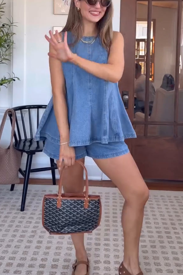 Adventure Awaits Denim Vertical Seam Sleeveless Flare Hem Top and Elastic Waist Pocket Shorts Set