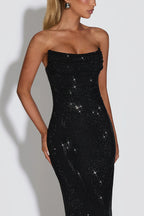 Mirabella Sequin Pleated Cowl Scooped Neckline Back Lace-up Strapless Maxi Dress