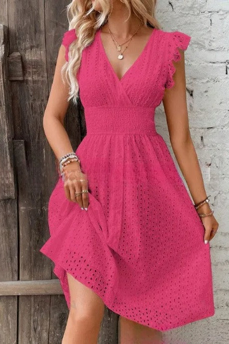 Eyelet Lace V-Neck Ruffle Cap Sleeve Smocked Waist A-Line Midi Dress