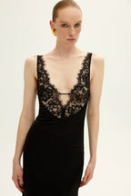 Floral Lace Deep V-Neck Wide Strap Lace Panel Slit Maxi Dress