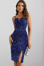 Sweetheart Spaghetti Strap Sequin Side Slit Bodycon Midi Dress