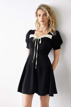 Sweetheart Neck Puff Sleeve Contrast Trim Tie Front Fit and Flare Mini Dress