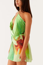Abstract Print Satin Asymmetrical One Shoulder Draped Cowl Neck Mini Dress