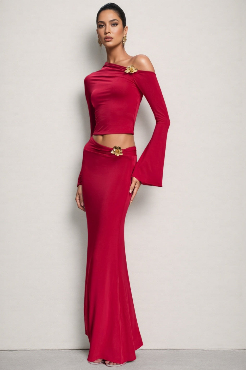 Aurod Slanted Collar 3D Flower Maxi Dress Set