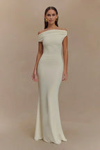 Off Shoulder Draped Bodice Bodycon Floor Length Maxi Gown