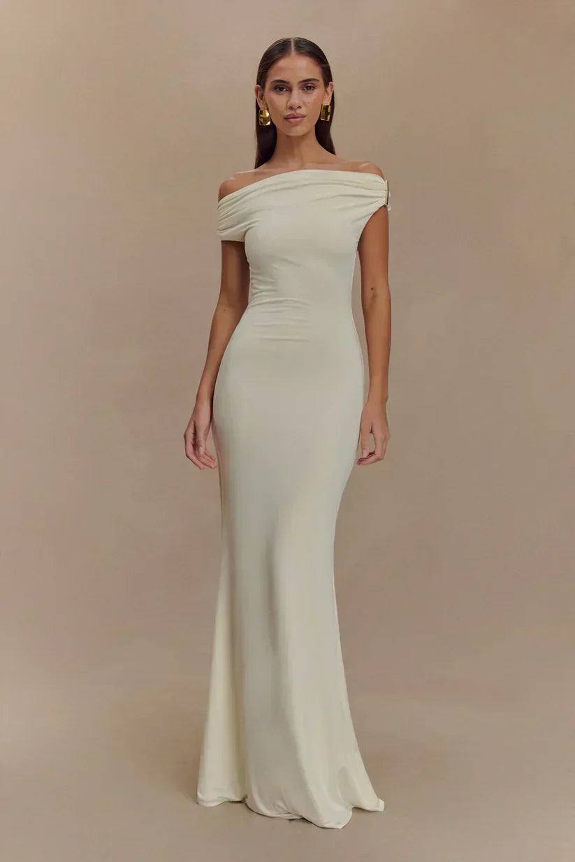 Off Shoulder Draped Bodice Bodycon Floor Length Maxi Gown