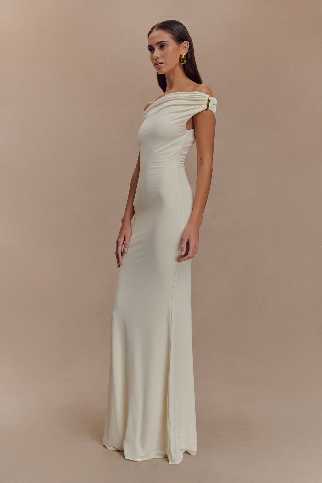Off Shoulder Draped Bodice Bodycon Floor Length Maxi Gown