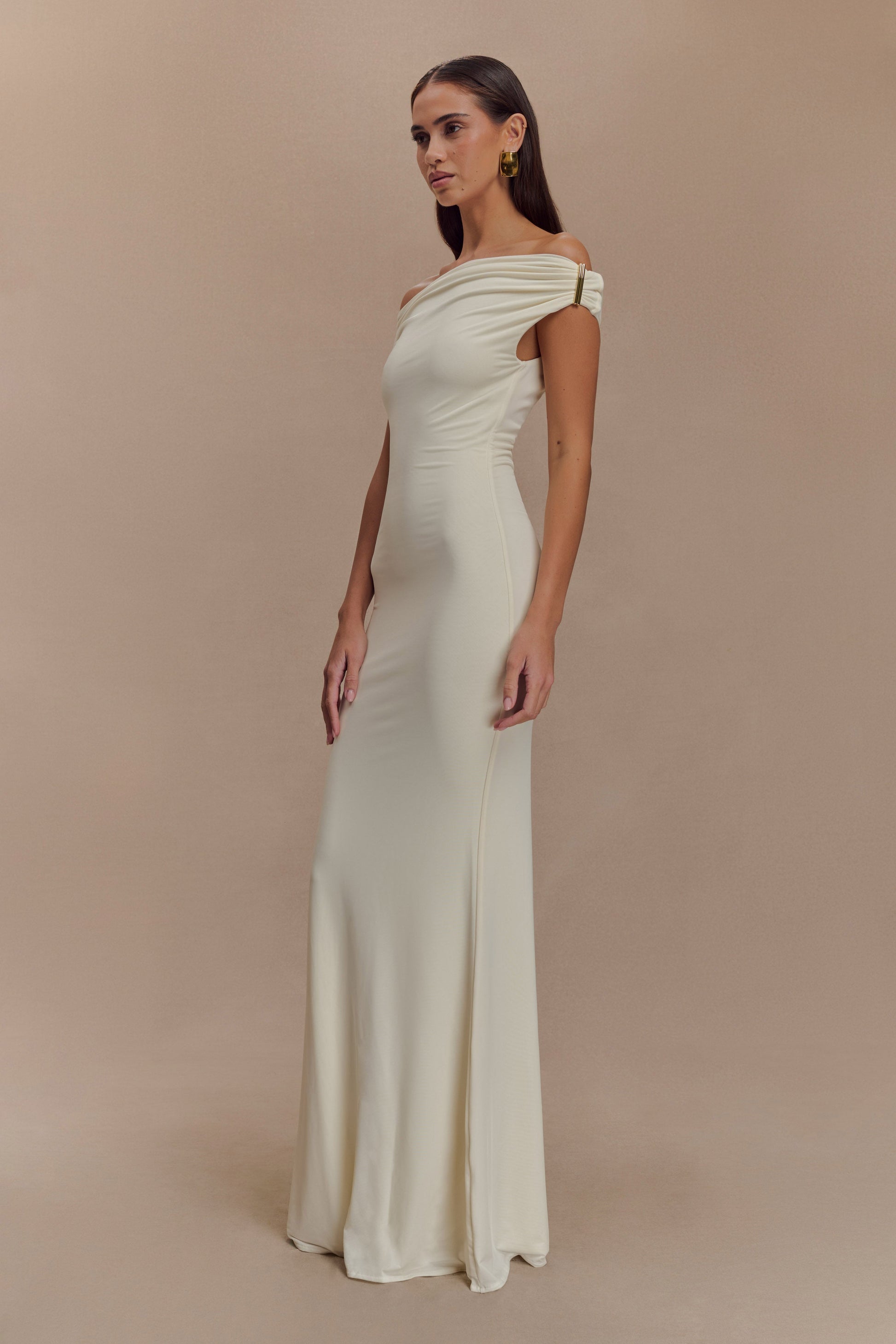 Off Shoulder Draped Bodice Bodycon Floor Length Maxi Gown