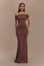 Off Shoulder Draped Bodice Bodycon Floor Length Maxi Gown