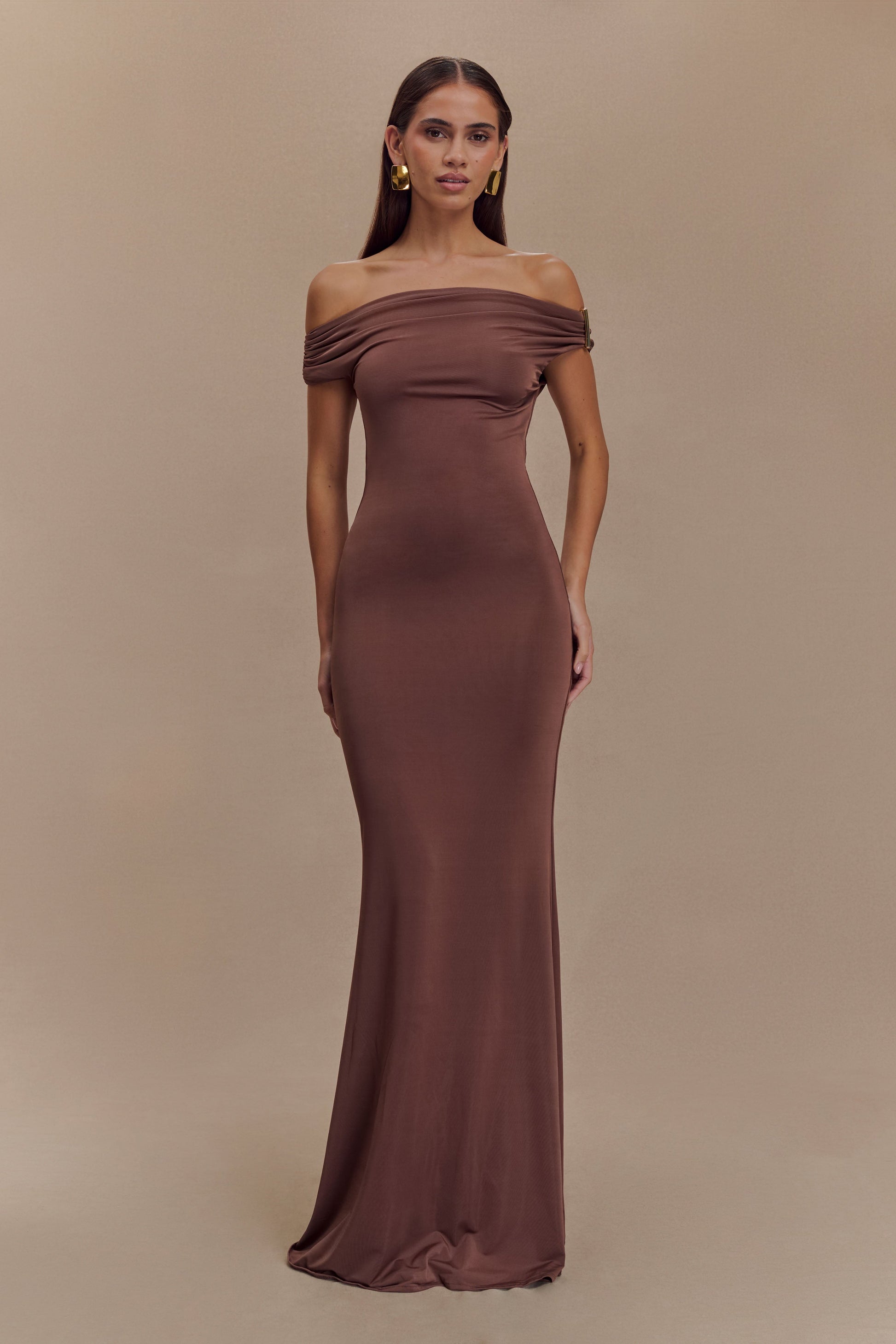 Off Shoulder Draped Bodice Bodycon Floor Length Maxi Gown
