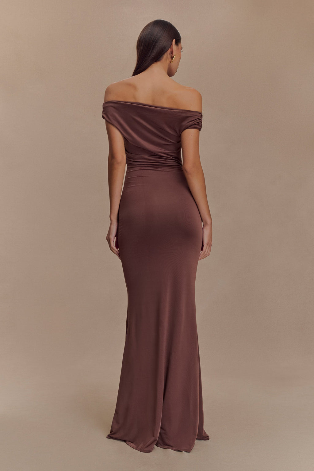 Off Shoulder Draped Bodice Bodycon Floor Length Maxi Gown