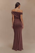 Off Shoulder Draped Bodice Bodycon Floor Length Maxi Gown