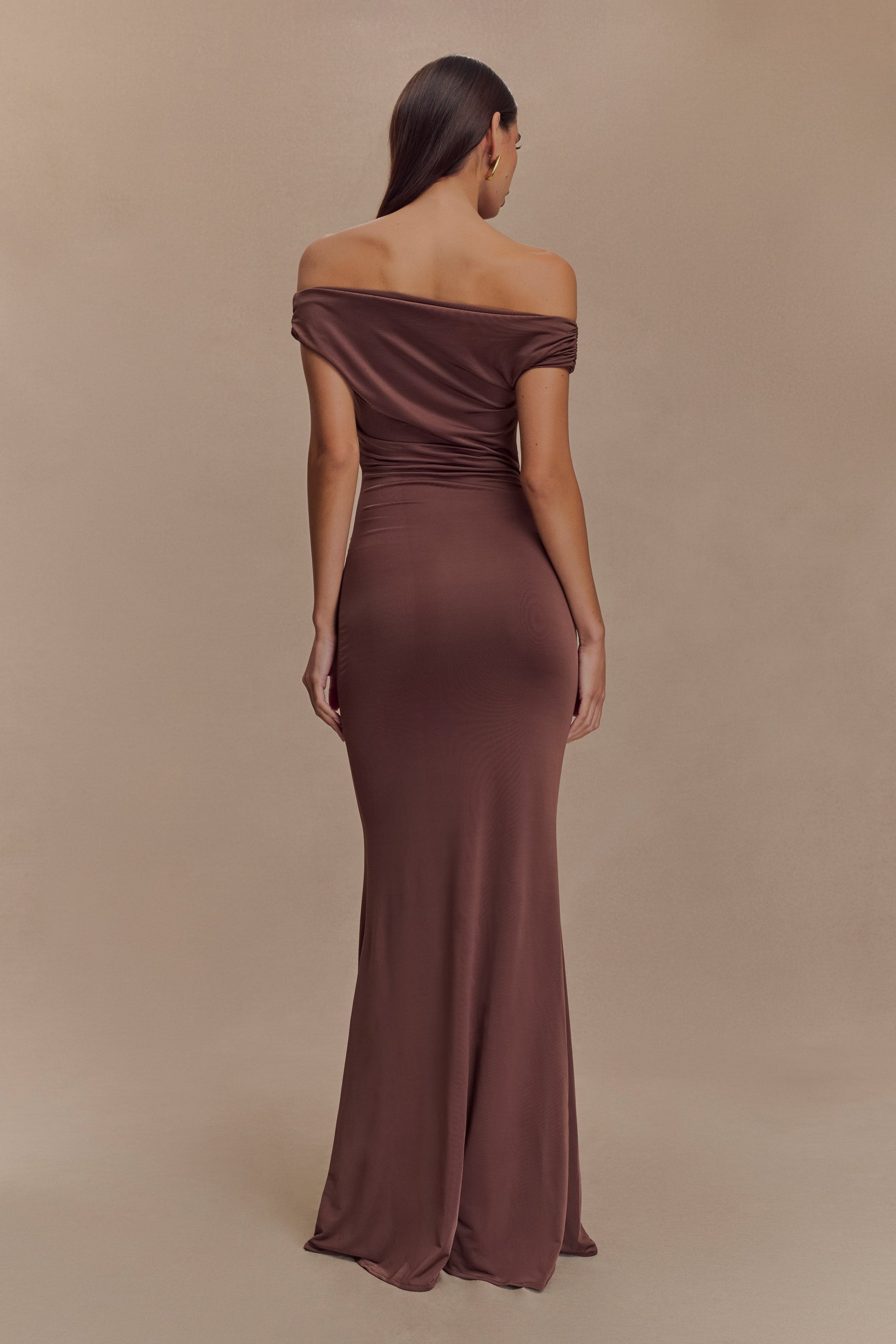 Off Shoulder Draped Bodice Bodycon Floor Length Maxi Gown