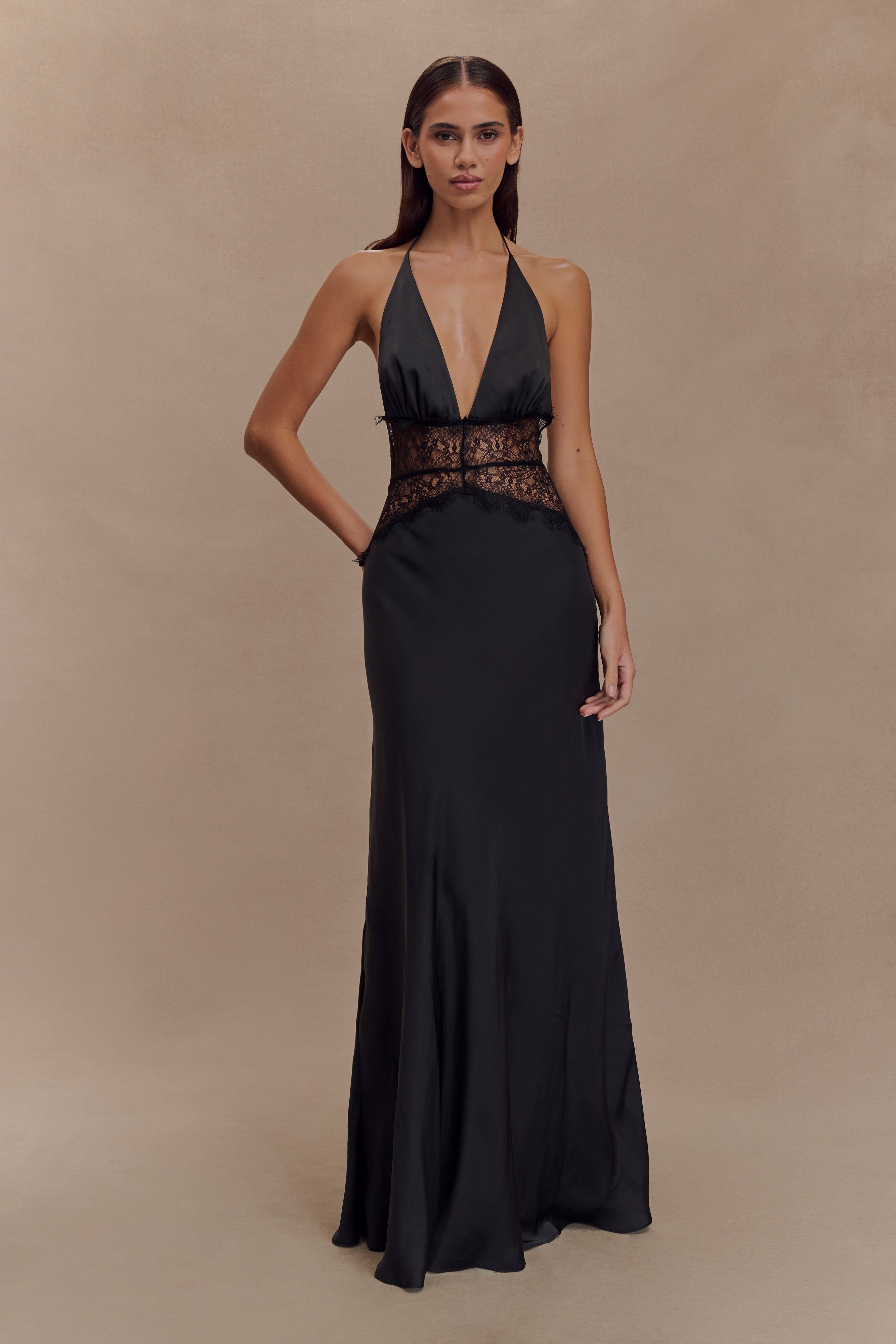 Halter Lace Panel Waist Deep V-Neck Satin Maxi Gown