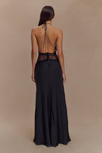 Halter Lace Panel Waist Deep V-Neck Satin Maxi Gown