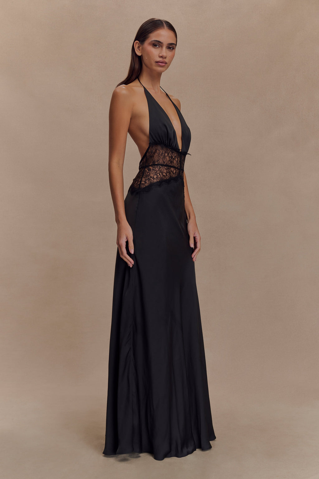 Halter Lace Panel Waist Deep V-Neck Satin Maxi Gown