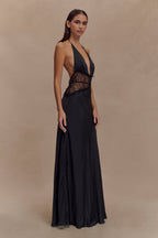 Halter Lace Panel Waist Deep V-Neck Satin Maxi Gown