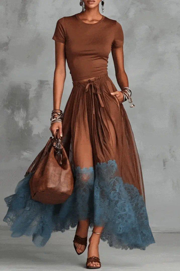 Stylish Round Neck Short-sleeved Fitted Top and Elastic Waist Pockets Lace Hem Maxi Skirt Set