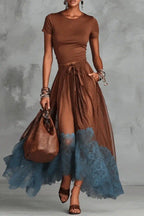 Stylish Round Neck Short-sleeved Fitted Top and Elastic Waist Pockets Lace Hem Maxi Skirt Set