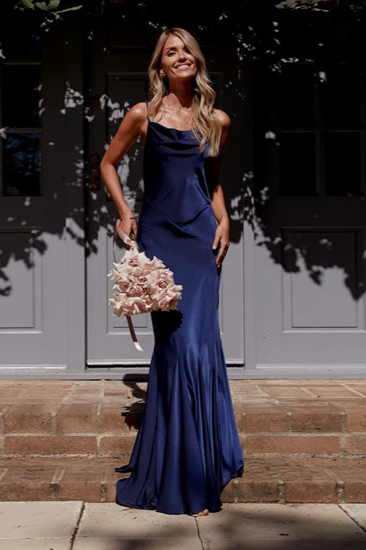 Satin Cowl Neck Ruched Hip Mermaid Hem Maxi Gown