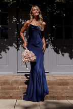 Satin Cowl Neck Ruched Hip Mermaid Hem Maxi Gown