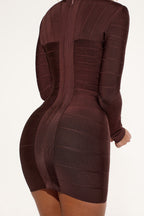 Bandage Deep V-Neck Long Sleeve Paneled Bodycon Mini Dress
