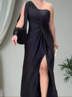 Full Size One-Shoulder Knot Detail Slit Maxi Dress Plus Size