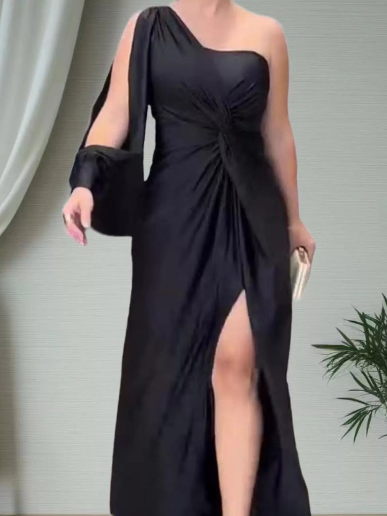 Full Size One-Shoulder Knot Detail Slit Maxi Dress Plus Size