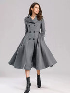 Green Woolen Flared Coat Double-breasted Wide Lapel Winter A-line Midi Outerwear 2026