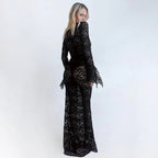 Lace Deep V-Neck Bell Sleeve Mermaid Maxi Dress