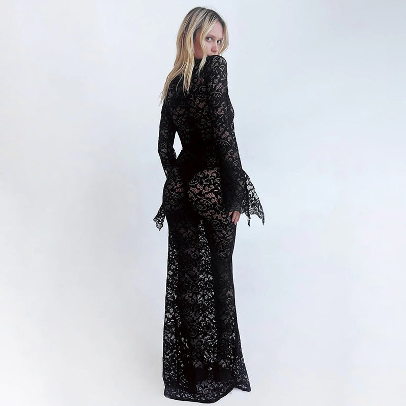 Lace Deep V-Neck Bell Sleeve Mermaid Maxi Dress